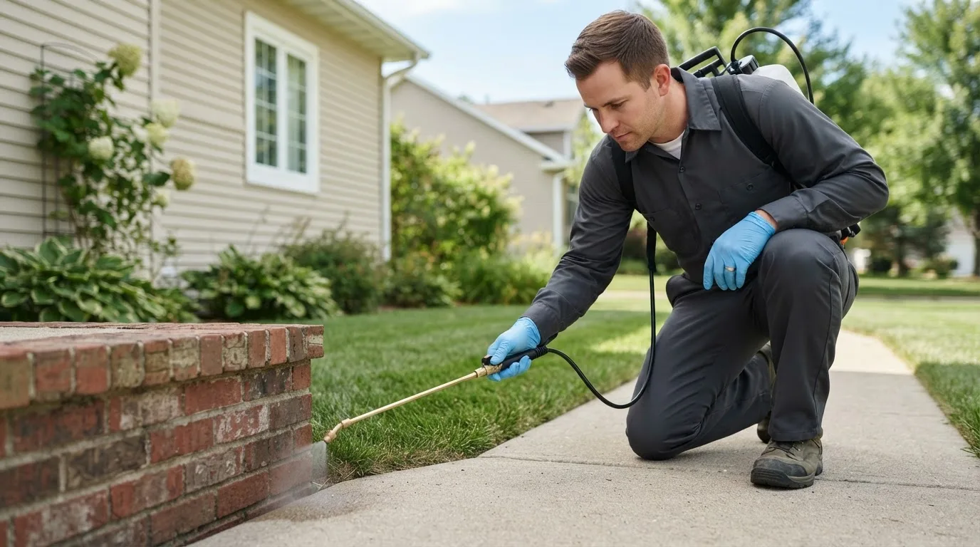 Pest control technician treating a home near Lyndonville, NY