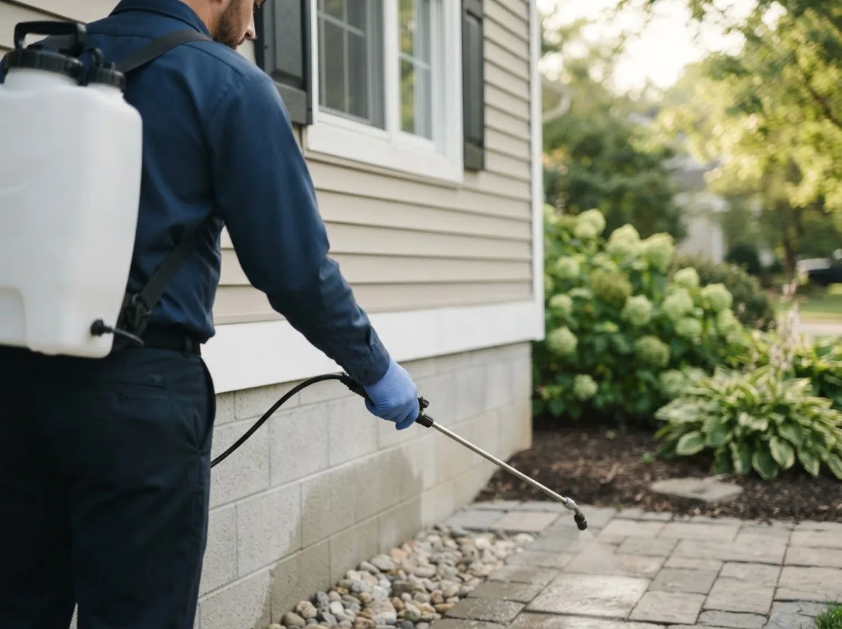 Pest control technician inspecting a home in Lyndonville, NY